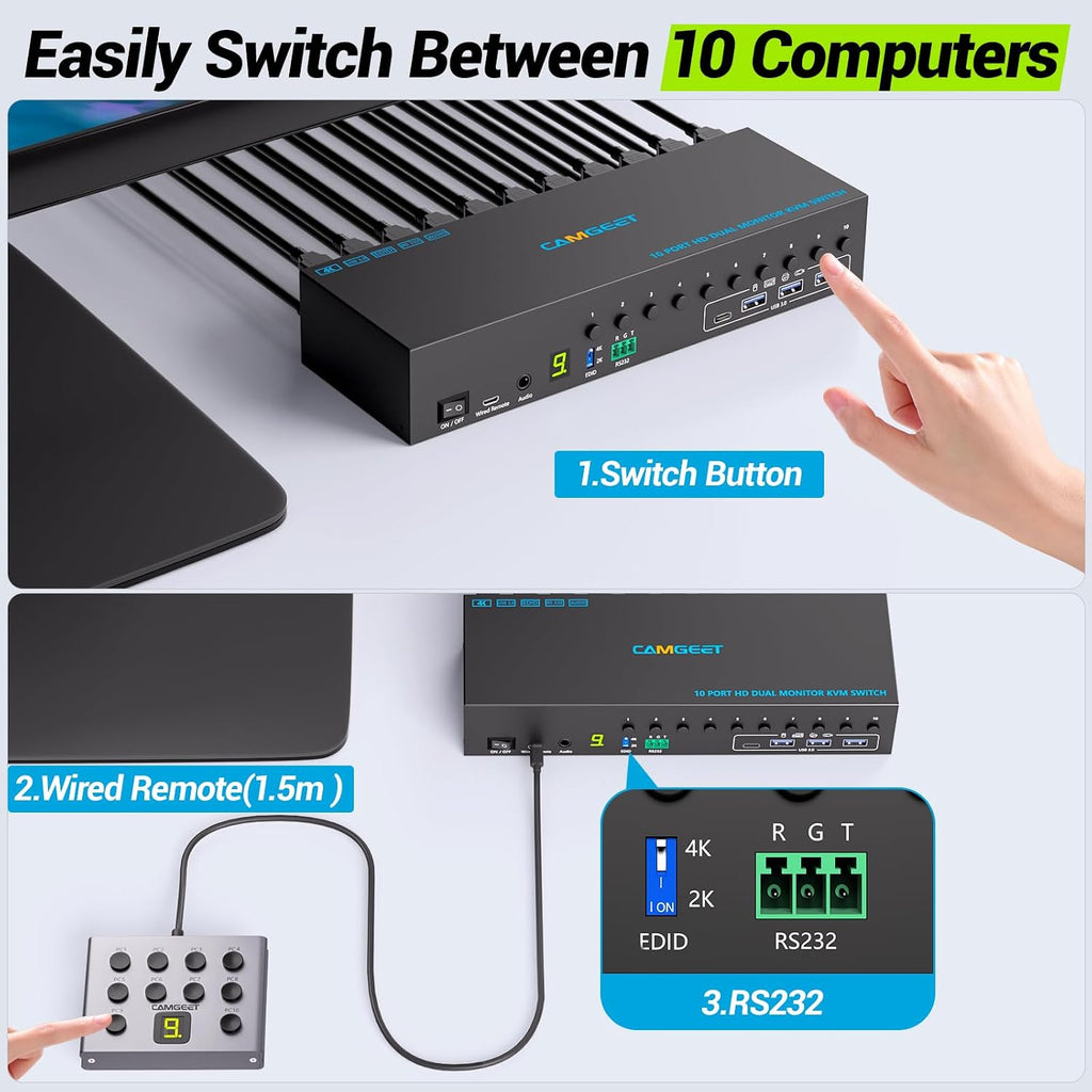 10 Port 8 Port 2 Monitors KVM Switch HDMI 4K@60Hz EDID Simulation, USB 3.0 Dual Monitor KVM Switch 2 Monitors 8 Computers 10 Computers,4 USB3.0 Ports, Audio,RS232,Wired Remote,12V Power,10 USB Cables