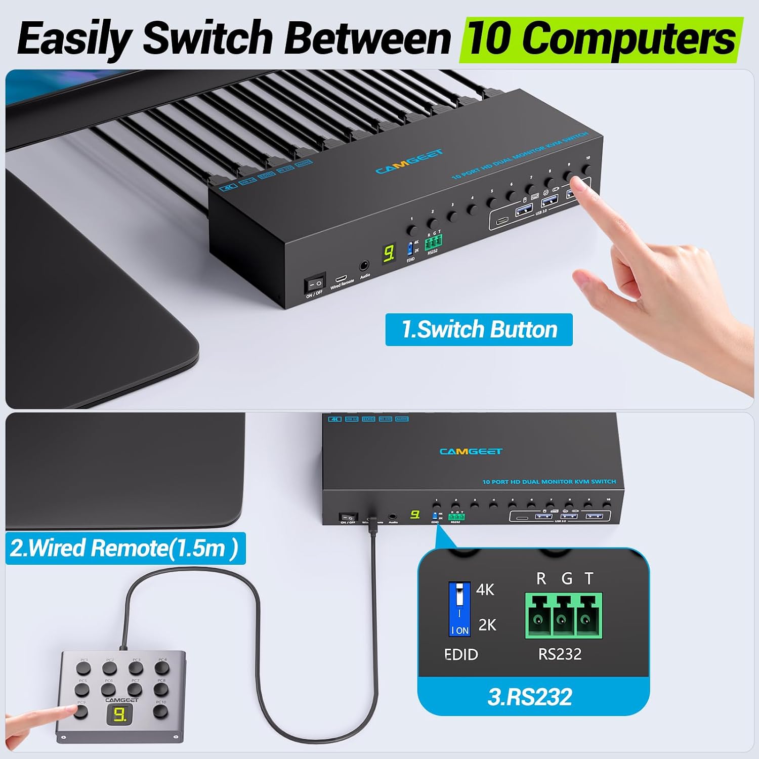 10 Port 8 Port 2 Monitors KVM Switch HDMI 4K@60Hz EDID Simulation, USB 3.0 Dual Monitor KVM Switch 2 Monitors 8 Computers 10 Computers,4 USB3.0 Ports, Audio,RS232,Wired Remote,12V Power,10 USB Cables