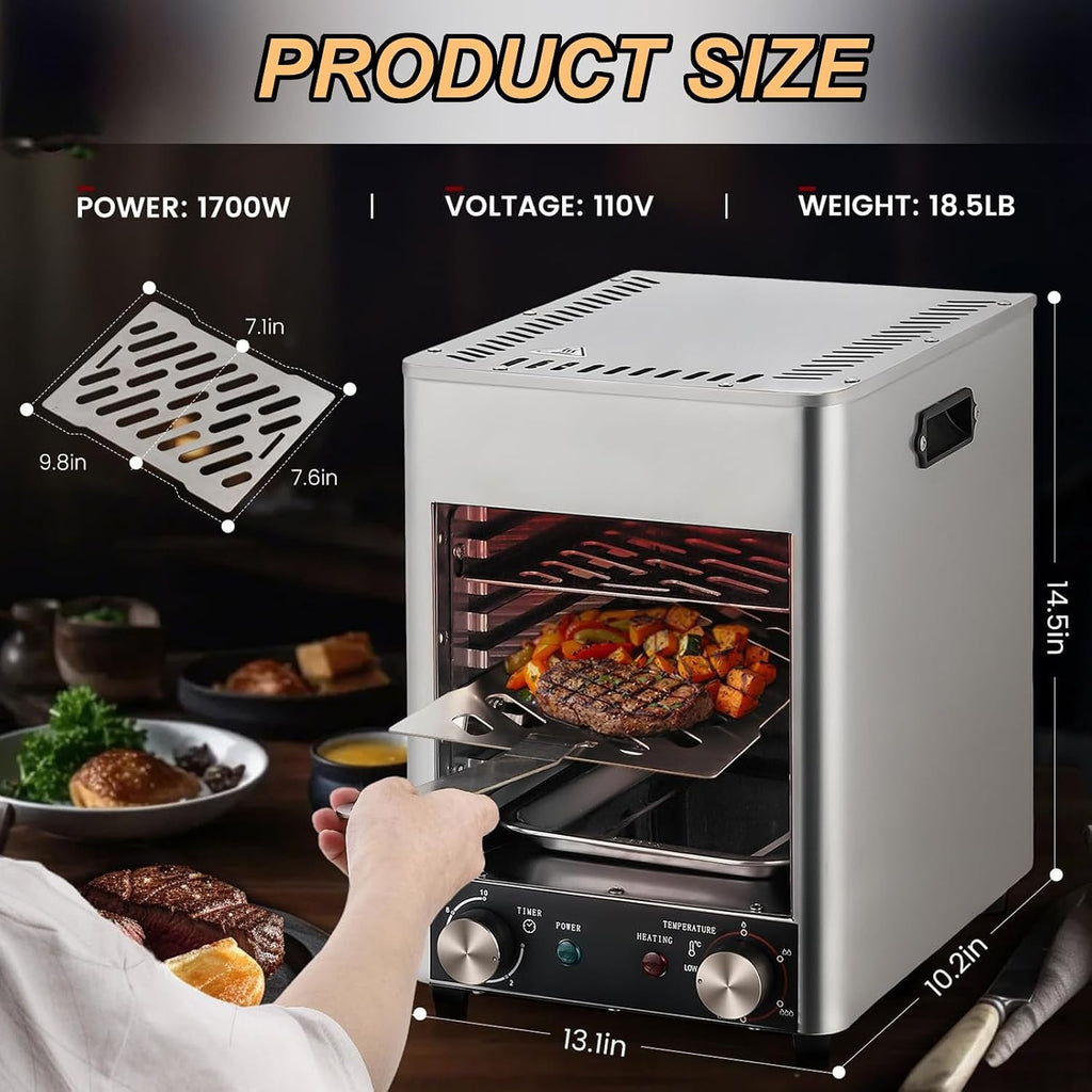 1700W Electric Steak Broiler, Contact Steak Grills,With 10-Layer Grill/Time Temperature Adjustable/Maximum Temperature 800℃,220V