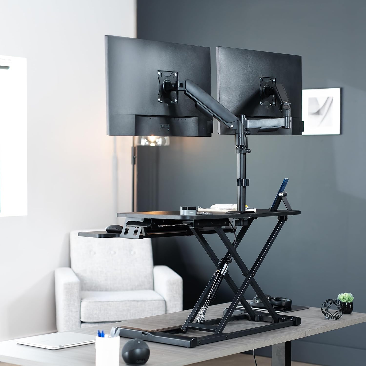 VIVO 32 inch Standing Desk Converter with Dual Monitor Mount for up to 32 inch Screens, Height Adjustable Riser with Mechanical Spring Arms, Black, DESK-KIT-0K2K