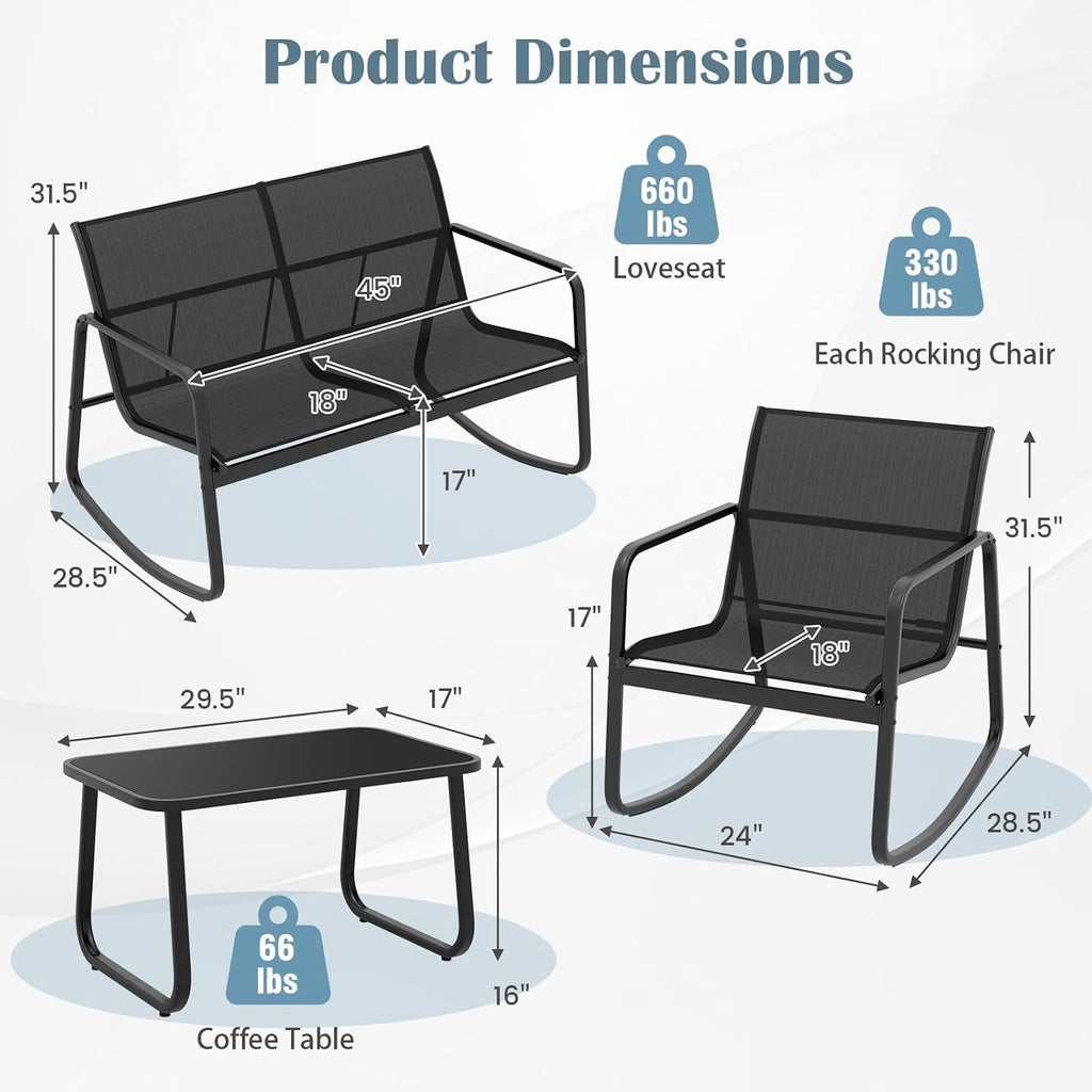 Tangkula 4 Piece Rocking Patio Furniture Set, 2 Rocking Chairs & Loveseat with Glass-Top Table, Patio Rocking Set with Smooth Rocking Motion, Outdoor Rocker Conversation Set for Porch, Yard (1, Black)