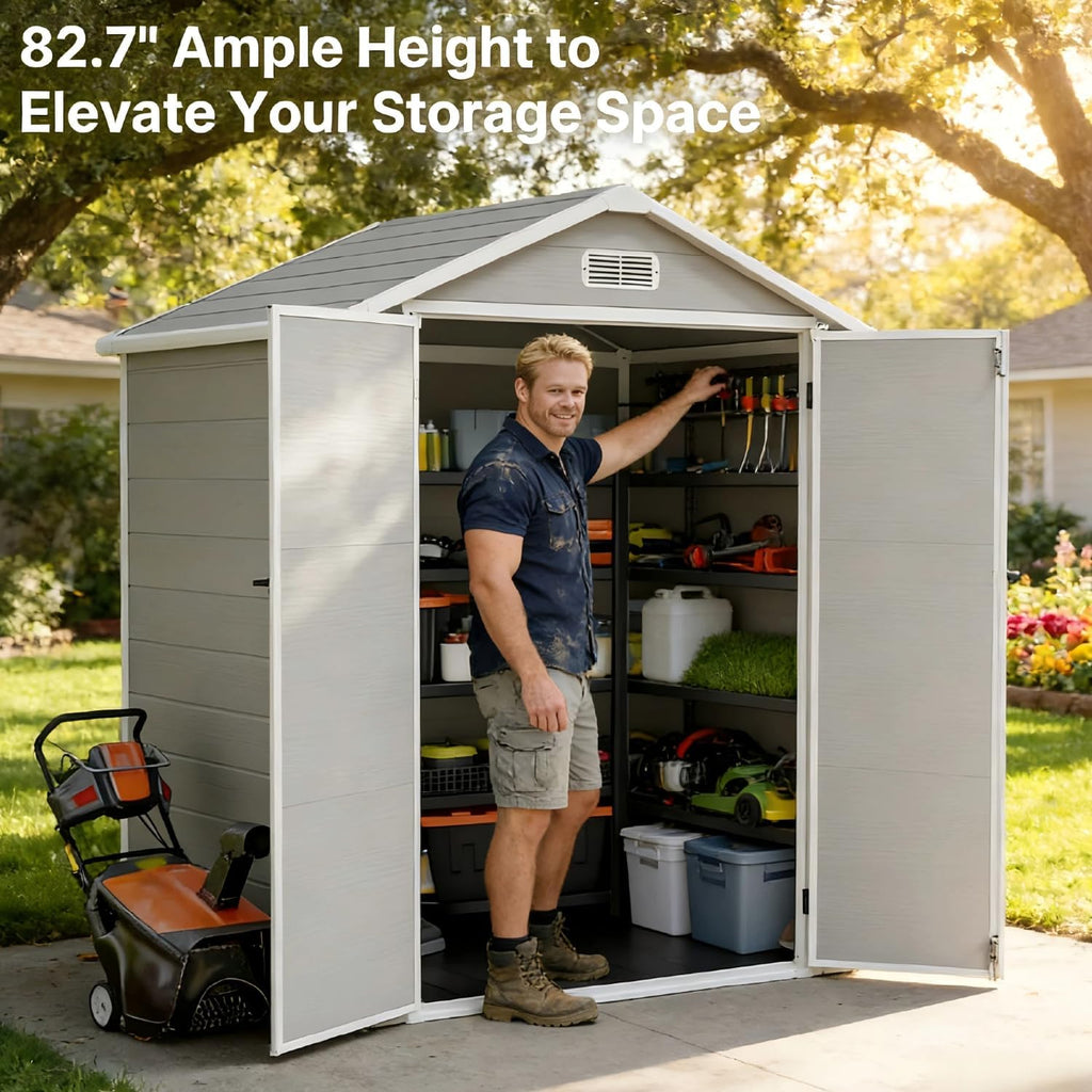 Gizoon 6x4.4 FT Resin Shed with Floor, Plastic Outdoor Storage Shed with Windows, All-Weather Garden Tool Shed with Lockable Doors, Suitable for Backyard & Patio (Grey)