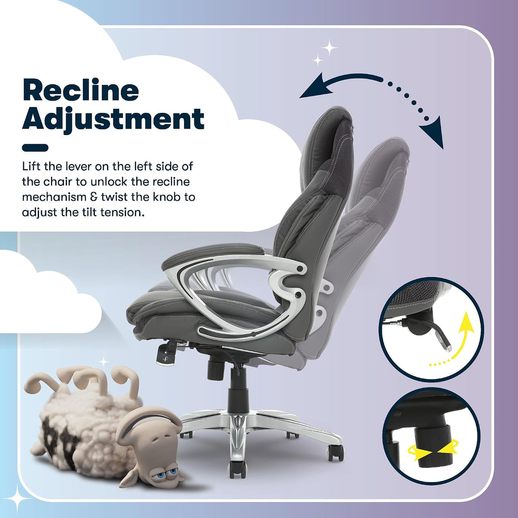 Serta Bryce Executive Office Chair - Ergonomic Computer Desk Chair with Patented AIR Lumbar Technology - Adjustable Height - Memory Foam Body Pillows - 360° Swivel Rolling Base - Bonded Leather - Gray