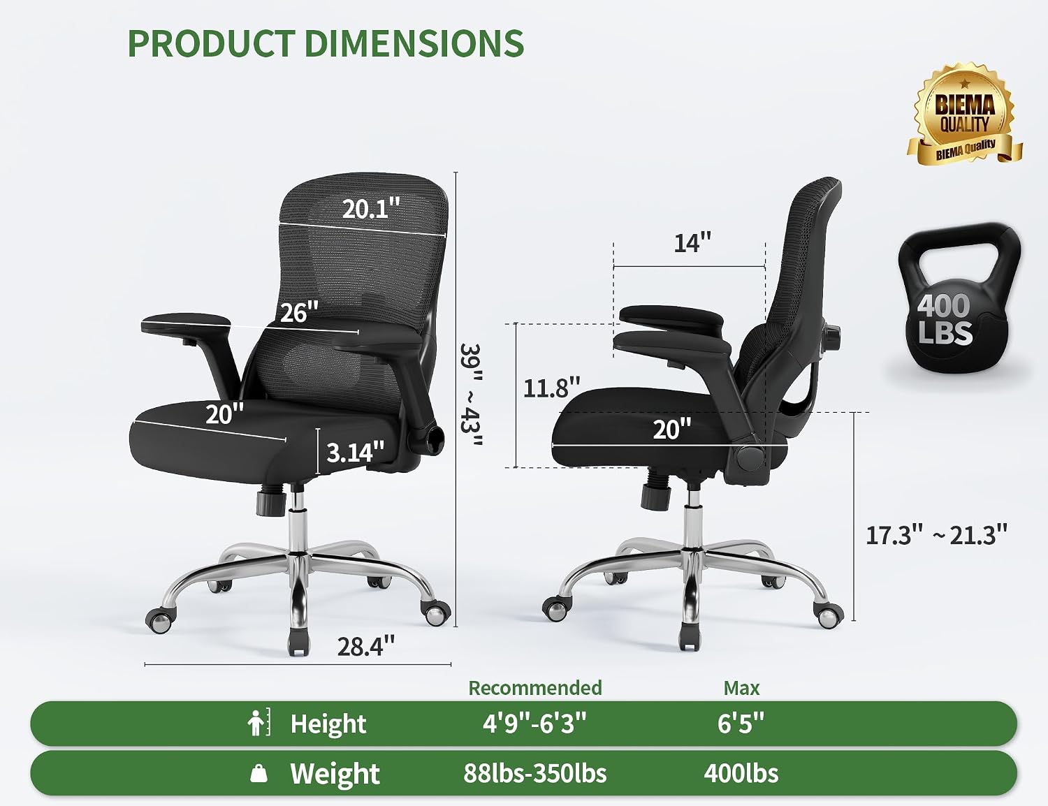 Office Chair Ergonomic Desk Chair Comfy: 400LBS Mesh Computer Chair Ergonomic Gaming Chairs with Wheels Adjustable Lumbar Support and Flip up Armrest-Swivel Executive Chairs Long Hours(Full Black)