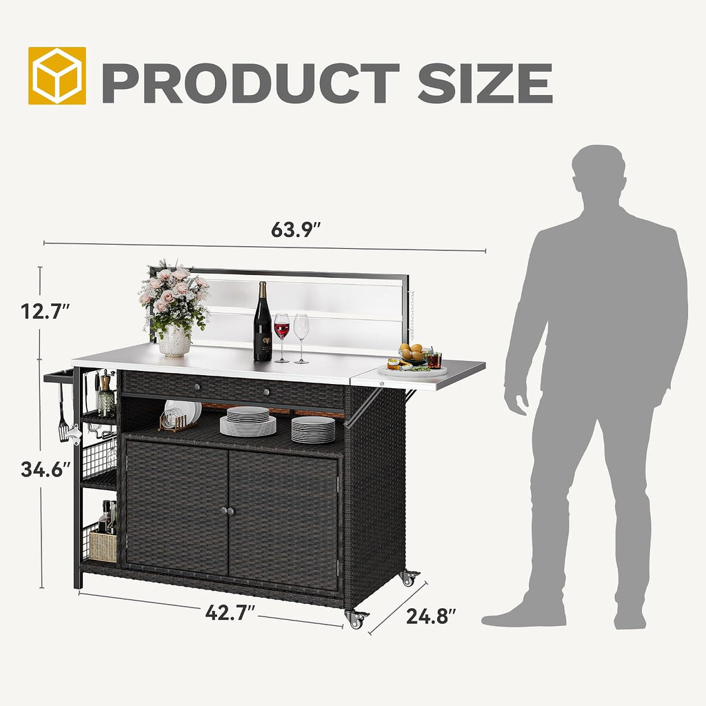 DWVO XL Outdoor Bar Table & Storage Cabinet, Wheels and Stainless Steel Extended Table Top, Patio Bar Table with Side Handle for Patio Kitchen or Bar Cart, Dark Brown