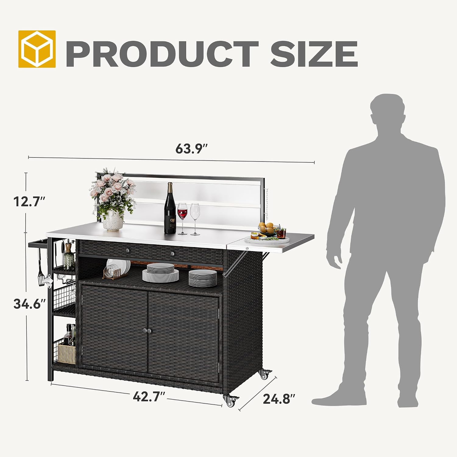 DWVO XL Outdoor Bar Table & Storage Cabinet, Wheels and Stainless Steel Extended Table Top, Patio Bar Table with Side Handle for Patio Kitchen or Bar Cart, Dark Brown