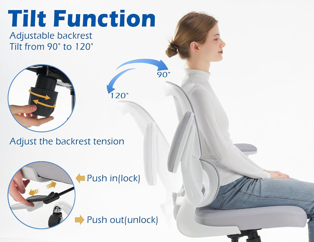 TRALT Ergonomic Office Chair - Desk Chair with Adjustable Lumbar Support Computer Chair - Mesh Comfy Chair with Flip-up Armrests - Gaming Chairs for Adults Home Office (Leather, Grey)
