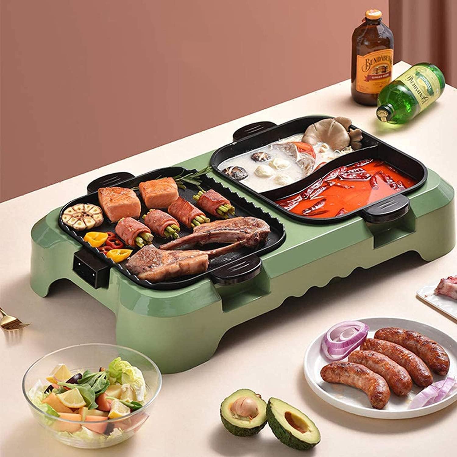 Intelligent Health Gril Electric Barbecue Grill Indoor Hot Pot Chafing Dish, Large Capacity Household Multifunctional Non-Stick 2200W,Green (Color : Red)