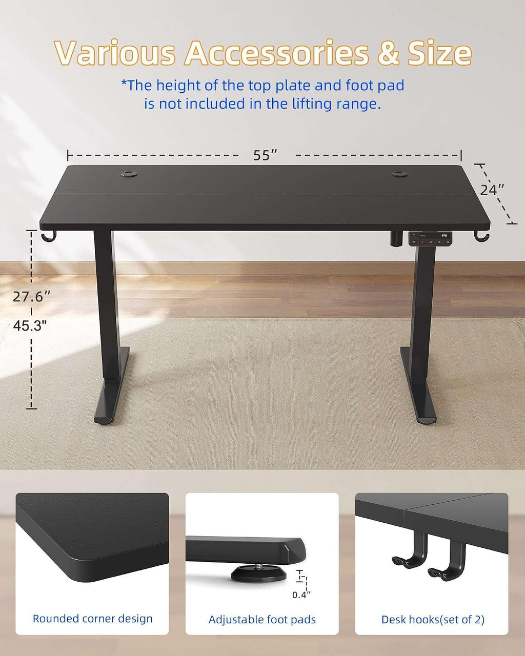 YIHAYO Electric Standing Desk, 55 x 24 Inches Stand Up Desk with Splice Board, Adjustable Height Desk, Computer Desk for Home Office, Black Frame/Black Top