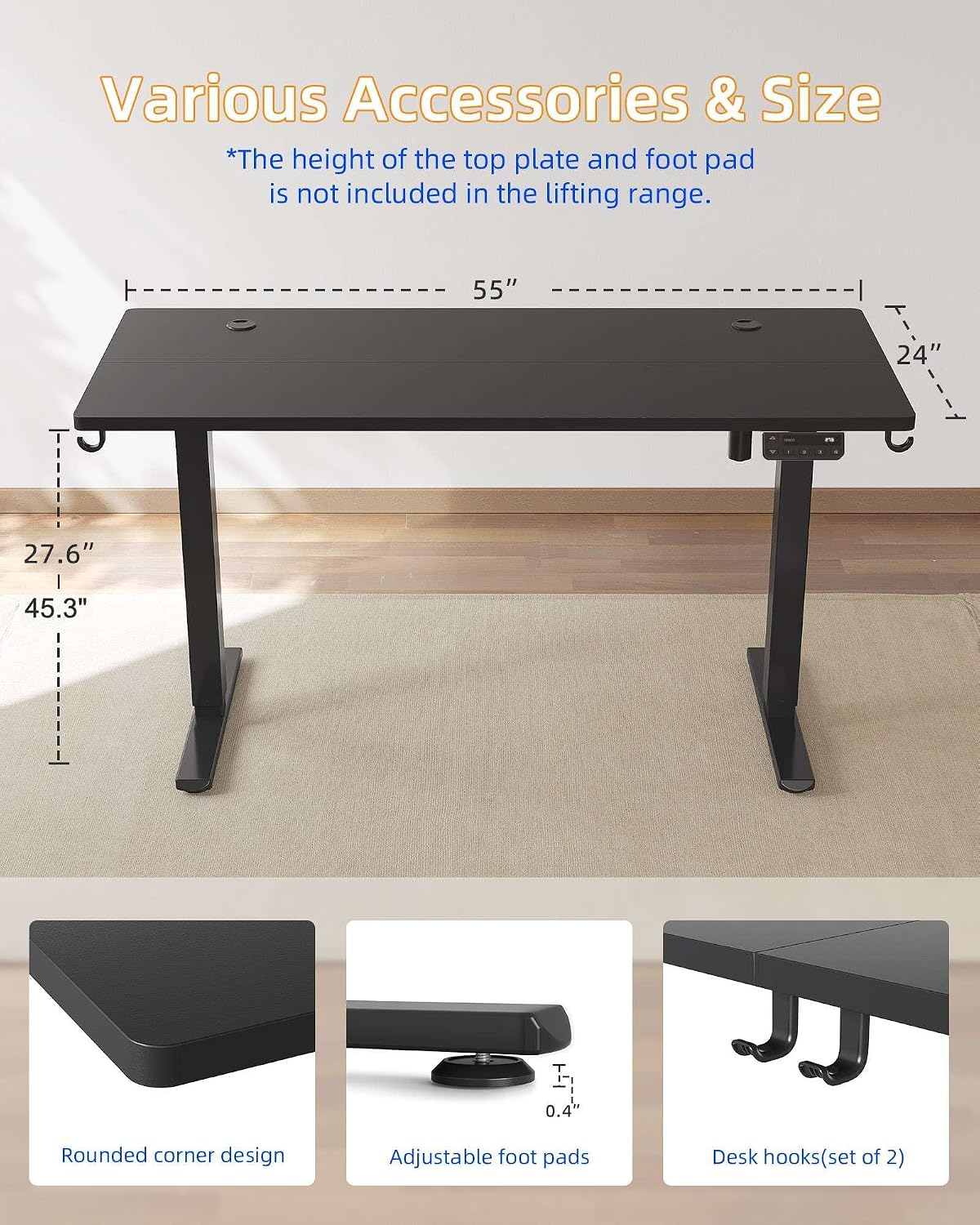 YIHAYO Electric Standing Desk, 55 x 24 Inches Stand Up Desk with Splice Board, Adjustable Height Desk, Computer Desk for Home Office, Black Frame/Black Top