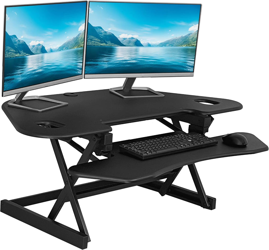 Rocelco 46' Height Adjustable Corner Standing Desk Converter with AC Outlet and USB Charger - Sit Stand Up Dual Monitor Tabletop Riser Workstation - Large Keyboard Tray - Black (R CADRB-46-ACUSB)