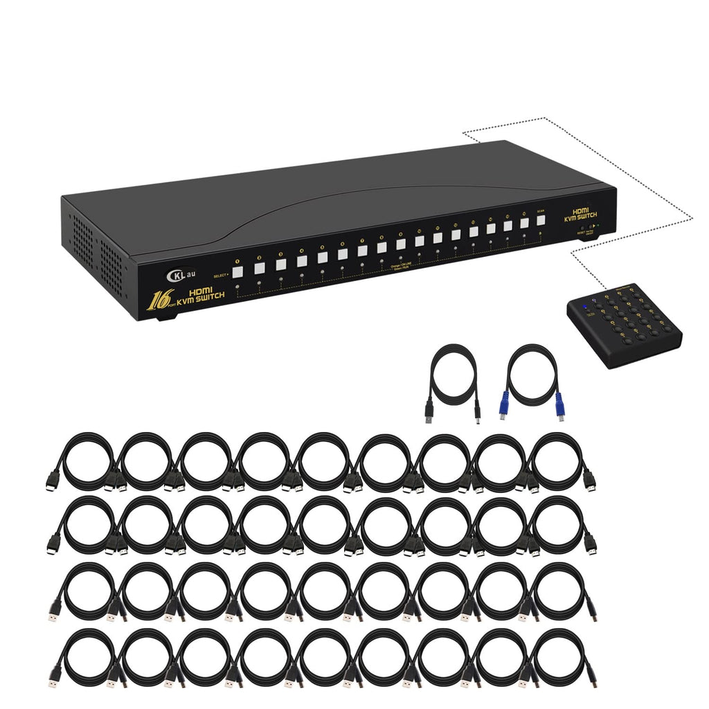 4Kx2K HDMI KVM Switch 16 Port with Cables, Rack Mount KVM Switch Support HDCP, EDID for Windows, Linux, Mac, Debian, Ubuntu, Fedora, Raspberry Pi and Ubuntu