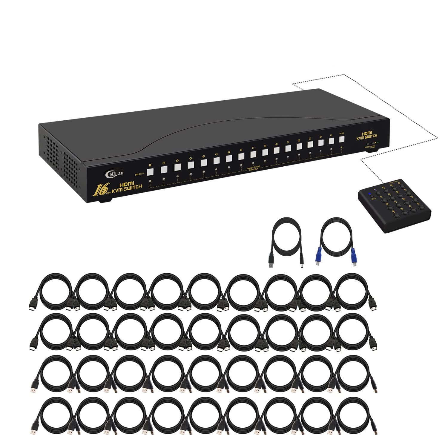 4Kx2K HDMI KVM Switch 16 Port with Cables, Rack Mount KVM Switch Support HDCP, EDID for Windows, Linux, Mac, Debian, Ubuntu, Fedora, Raspberry Pi and Ubuntu