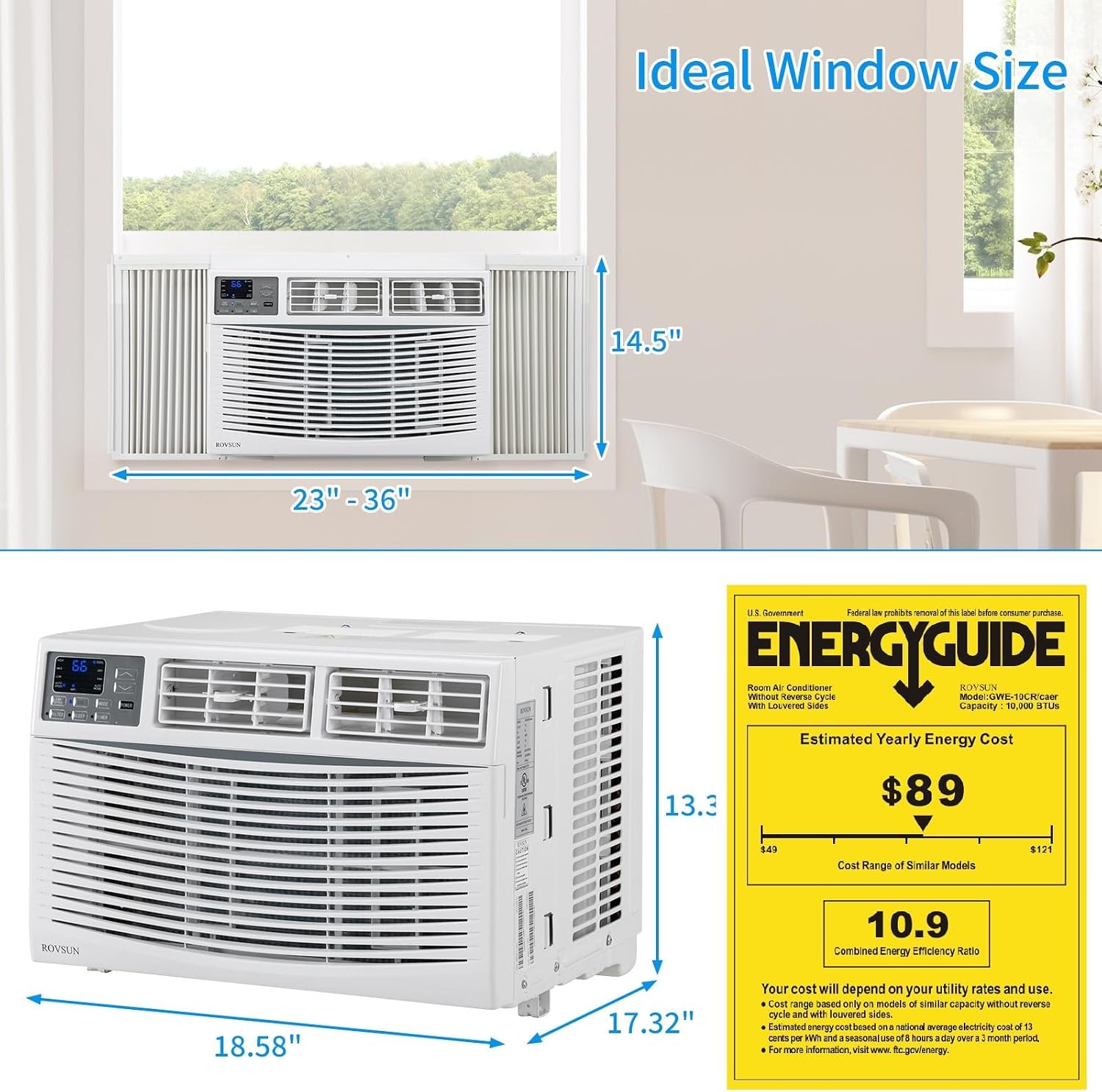 ROVSUN 10000 BTU Air Conditioner Window Unit, 3-in-1 Window AC Unit Cooler, Dehumidifier & Fan with Timer, Remote Control & Installation Kit, Cooling Rooms up to 450 Sq. Ft, 115V/60Hz, White & Grey
