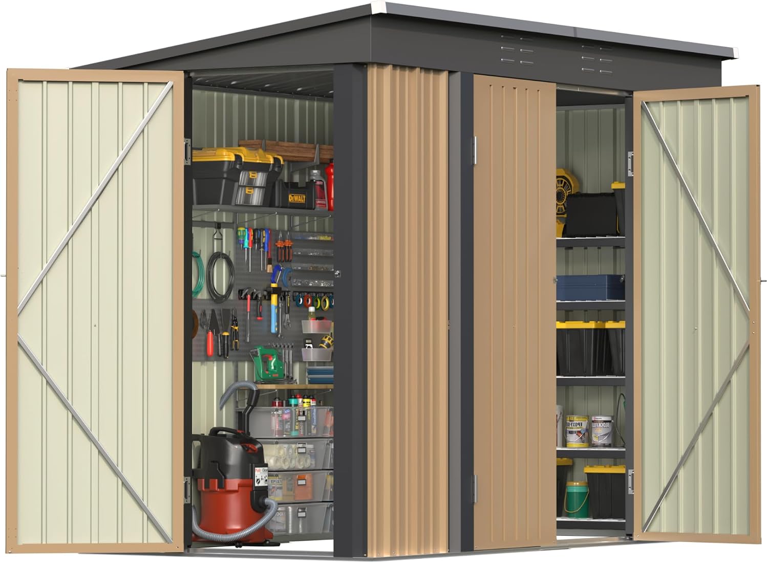 Patiowell 8x4 FT Outdoor Storage Shed, Metal Tool Sheds with 3 Doors, Brown