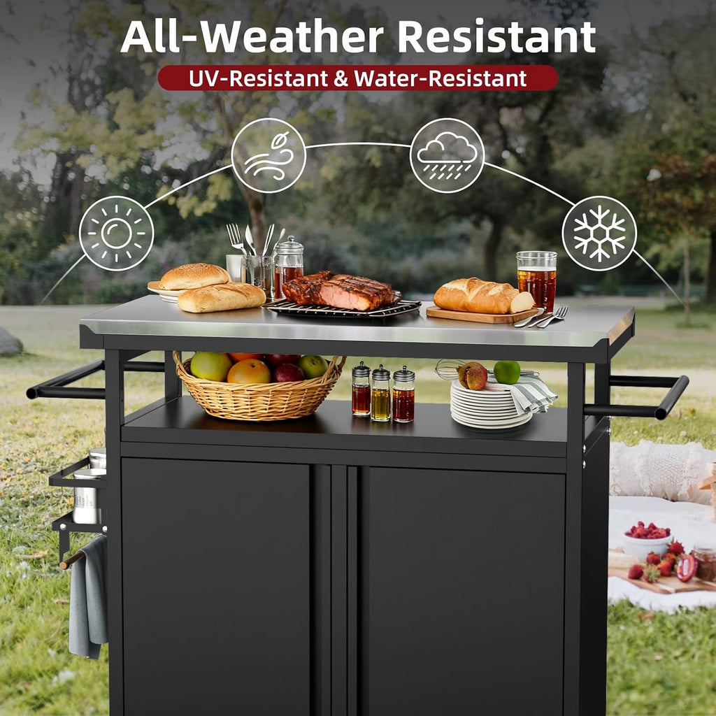 Nessxa Outdoor Grill Cart Bar Cart with Storage Cabinet for Grilling Accessories, XL Portable Outdoor Grill Table with Stainless Steel Top for Kitchen Prep, Lawn & Garden（Black）