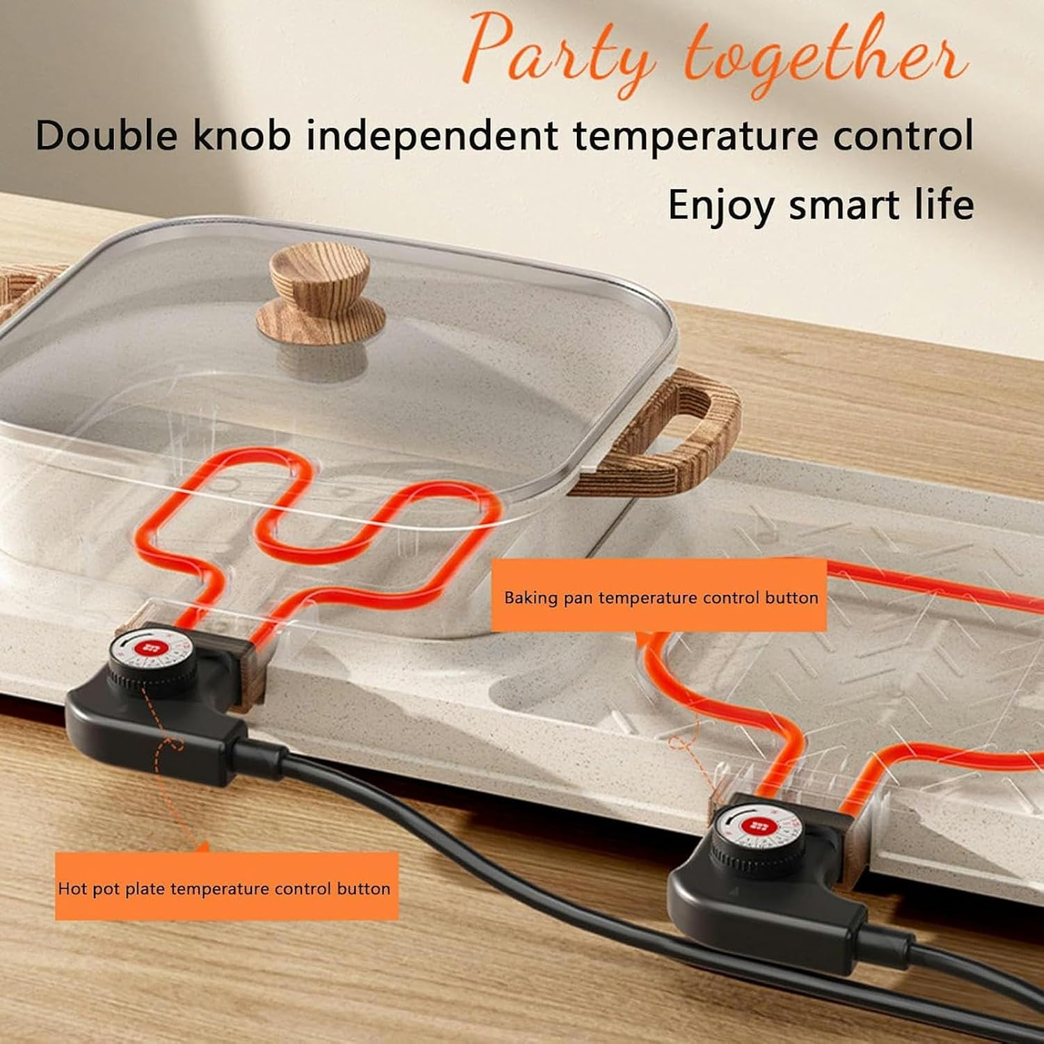 2 and 1 Electric Grill with Hot Pot, Indoor Oven, Shabu-shabu Grill, 2200W Power, Zoned Temperature Control, Suitable for 3~12 People