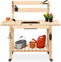 Best Choice Products Mobile Garden Potting Bench, Outdoor Wood Workstation Table w/Sliding Tabletop, 4 Locking Wheels, Food Grade Dry Sink, Storage Shelves- Natural