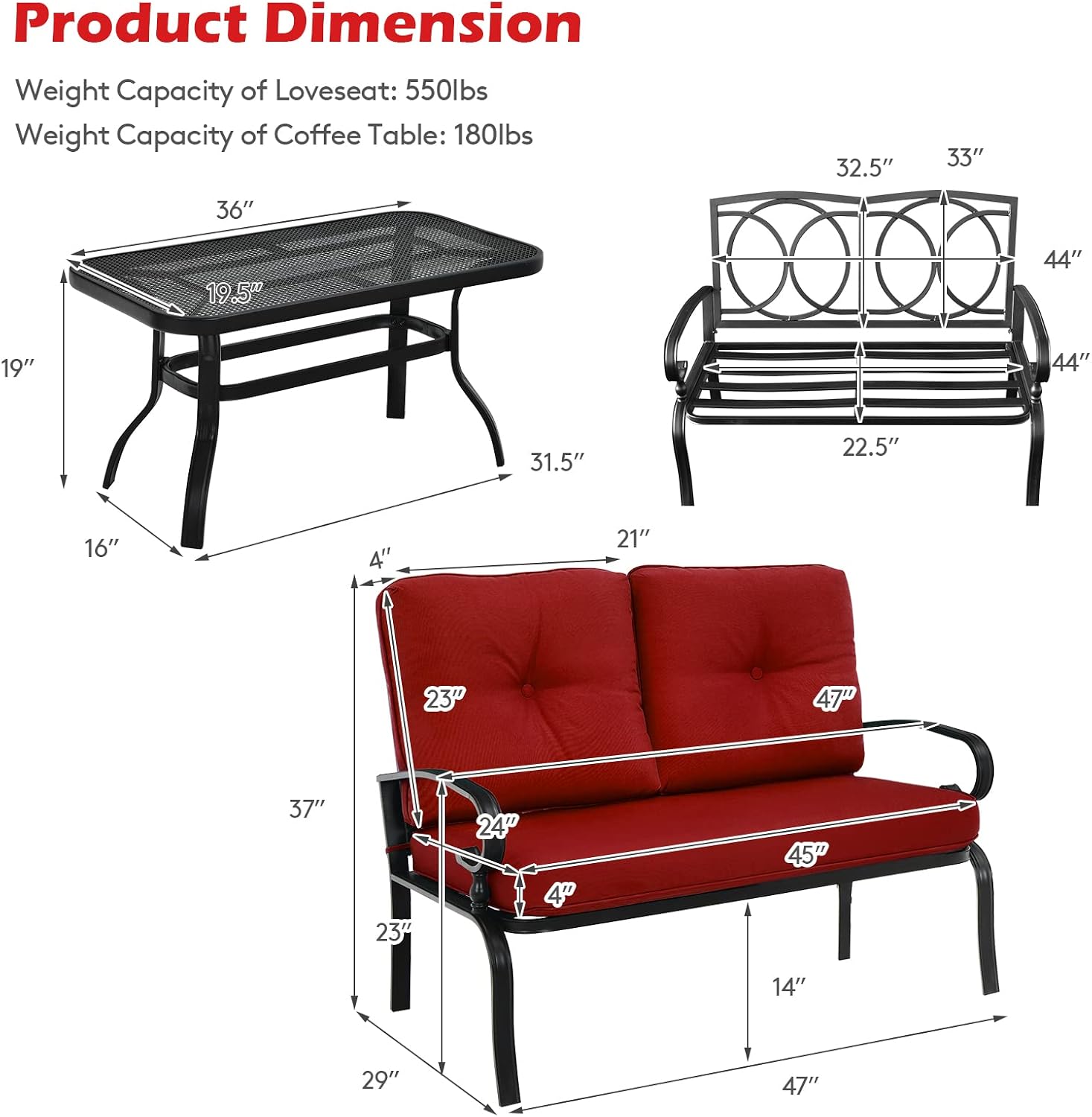 Giantex Patio Loveseat with Coffee Table Outdoor Bench with Cushion and Metal Frame, Loveseat Porch Furniture Set Sofa for Garden, Yard, Patio or Poolside (Deep Red & Black)