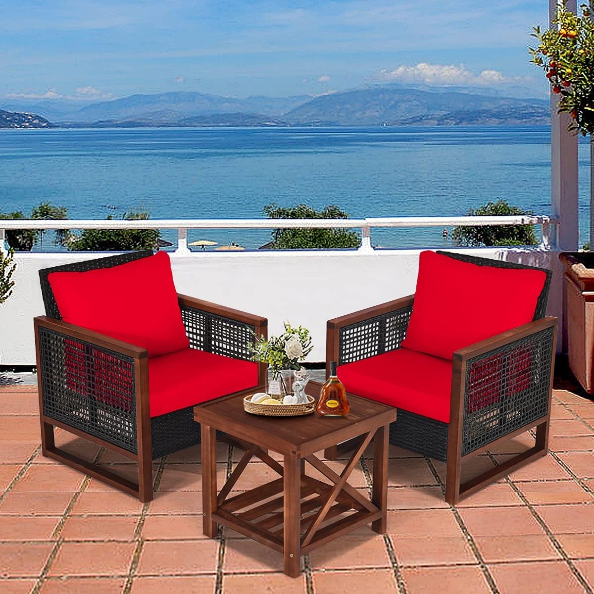 HAPPYGRILL 3-Pieces Outdoor Patio Furniture Set Wicker Chairs with Coffee Table Balcony Porch Furniture Bistro Set with Acacia Wood Frame and Washable Cushions for Garden Poolside Backyard