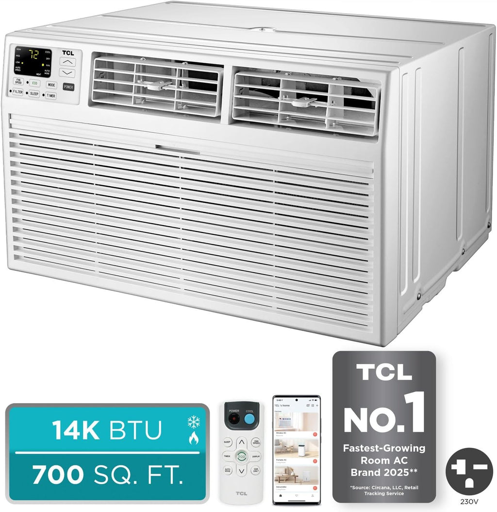 TCL H14T9XH Heat 14,000 Smart Through-The-Wall Air Conditioner, Heater, Fan & Dehumidifier, 230V, 700 Sq. Ft, Remote Control, Compatible with Alexa/Google Assistant, 14000 BTU, White