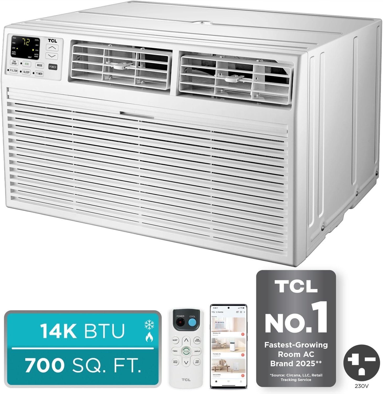 TCL H14T9XH Heat 14,000 Smart Through-The-Wall Air Conditioner, Heater, Fan & Dehumidifier, 230V, 700 Sq. Ft, Remote Control, Compatible with Alexa/Google Assistant, 14000 BTU, White