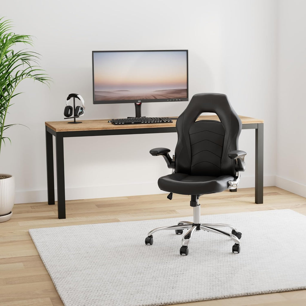 ZUNMOS Home Gaming Ergonomic Office Flip-up Armrest and Height Adjustable Desk Splicing PU Leather Computer Chair with Lumbar Support, Black (3959-BKZ6)