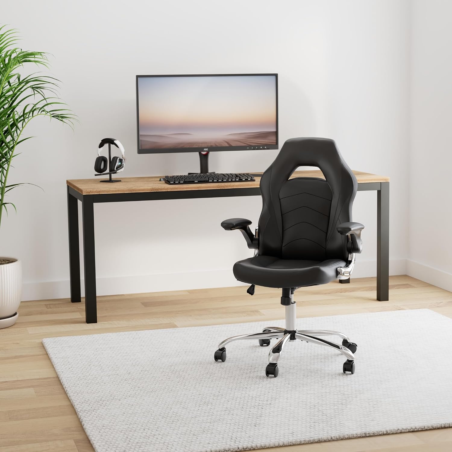 ZUNMOS Home Gaming Ergonomic Office Flip-up Armrest and Height Adjustable Desk Splicing PU Leather Computer Chair with Lumbar Support, Black (3959-BKZ6)