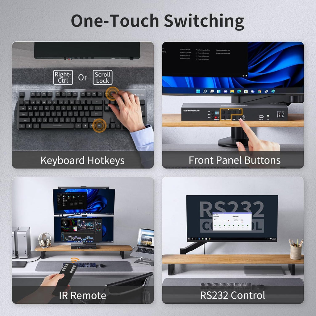 TESmart 4 Port KVM Switch Dual Monitor DisplayPort, 4K@60Hz KVM Switch 4 Computers 2 Monitors, DCCI, Audio Out, USB 2.0 Devices, Hotkey Switch, 2K@144Hz, Rack-Mount Ears, with Cables (NO EDID)