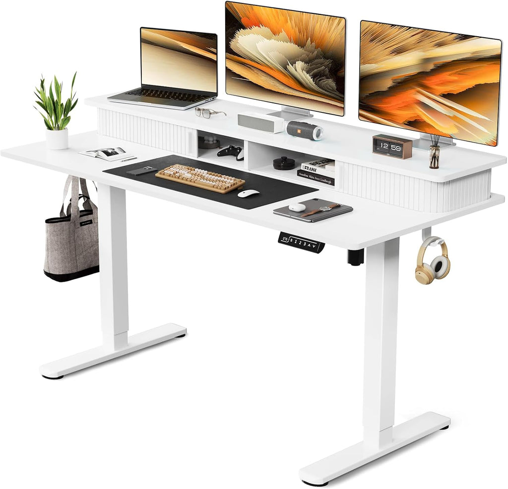 JOY worker Height Adjustable Electric Standing Desk with Storage Shelves, 55 Inch Desk with Built-in Monitor Stand, Sit Stand Workstation with 2 Hooks for Home Office, White