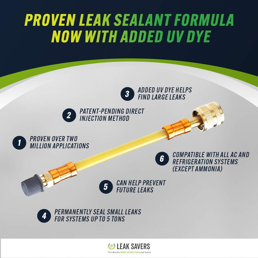 Leak Saver Direct Inject Refrigerant Leak Sealer with UV Dye, 6 Pack - Includes 51 LED UV Light and Protective Glasses