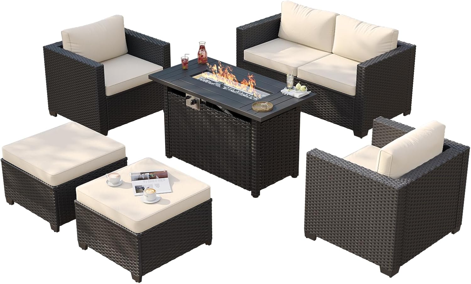 Aoxun Patio Furniture Set with Fire Pit Table, 6 Seats Outdoor Furniture Set with Wicker Ottomans, Rattan Outdoor Sectional Sofa with Thickened Cushion & Waterproof Cover Beige