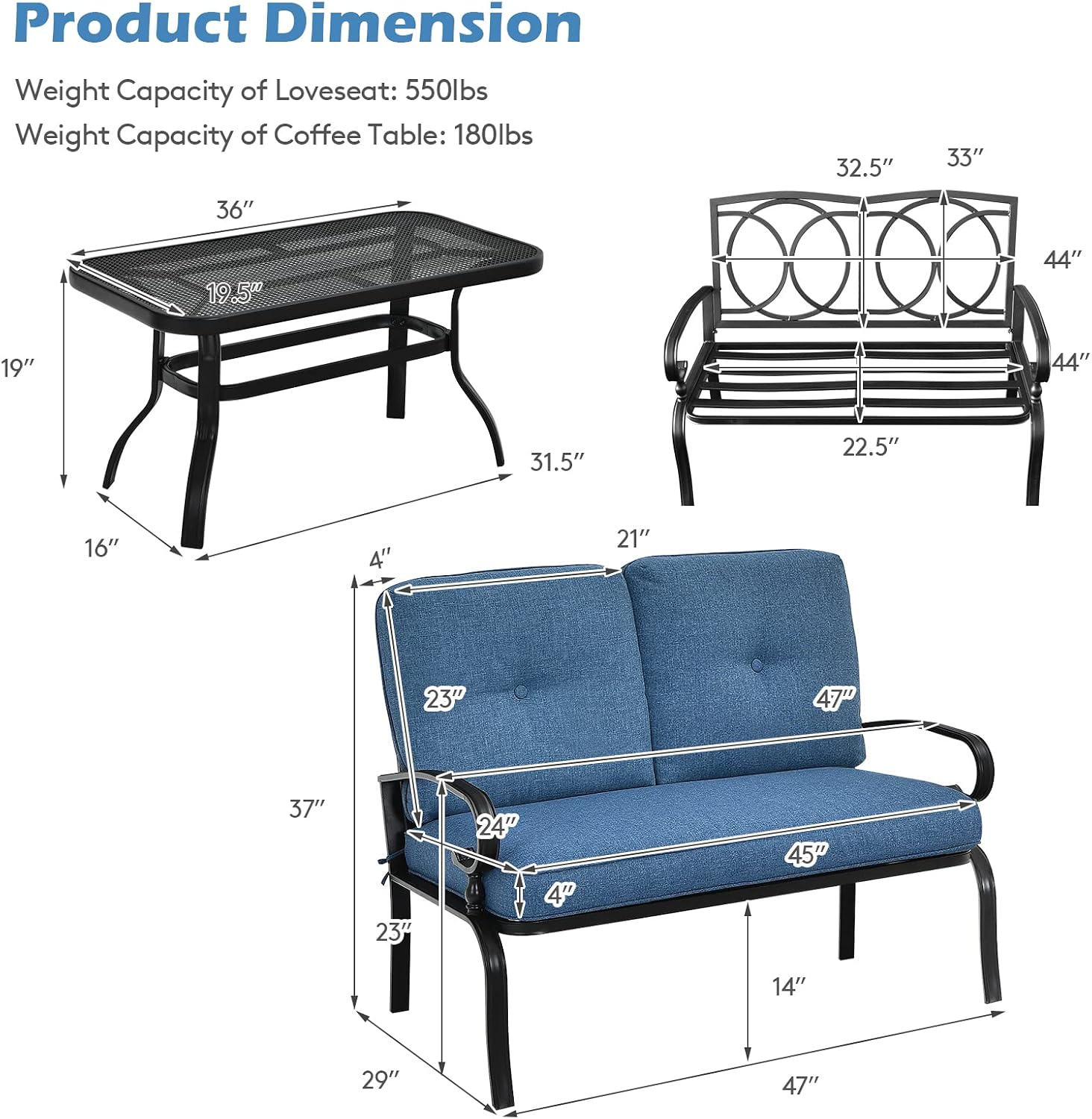 Giantex 2 Pcs Patio Loveseat with Coffee Table Outdoor Bench with Cushion and Metal Frame, Loveseat Furniture Set Sofa for Garden, Yard, Patio or Poolside