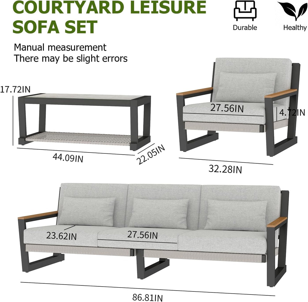 Aluminum Patio Furniture Set, Modern Metal Outdoor Conversation Sectional Sofa with Washable Thick Cushions, Coffee Table and Waterproof Cover (Grey, DWL-5Seat)