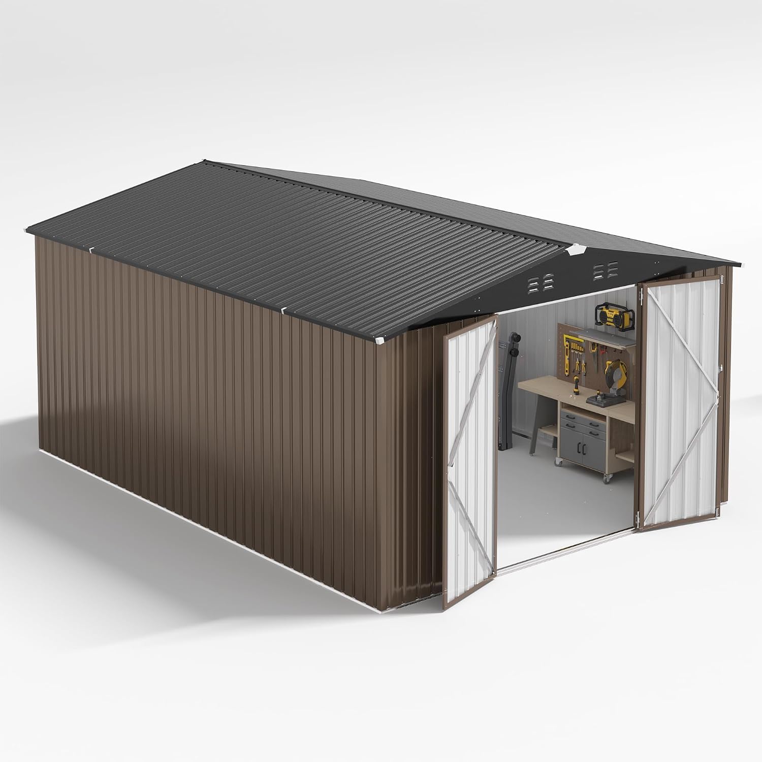 AirWire 10x14 FT Outdoor Storage Shed, Large Garden Shed with Updated Frame Structure and Lockable Doors, Metal Tool Sheds for Backyard Garden Patio Lawn, Brown