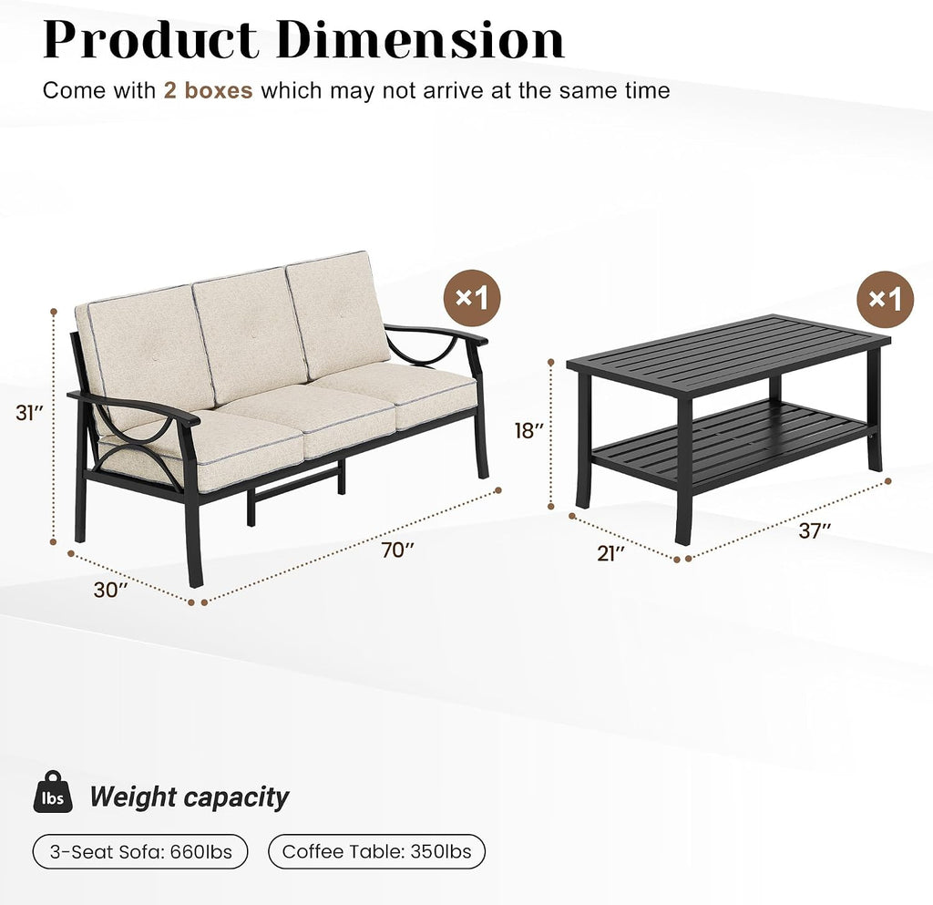 FansaFurn 3 Seats Outdoor Patio Furniture Set, Outdoor Metal Sectional Furniture with Cushions, Outdoor Conversation Set with Coffee Table for Backyard, Garden, Deck, Balcony, Black
