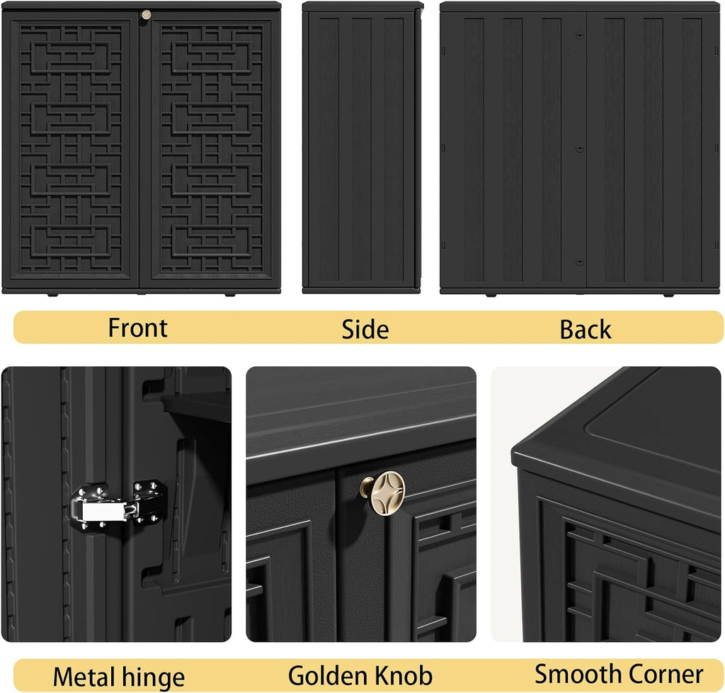 ZZM HDPE Outdoor Storage Shed, Outdoor Plastic Storage Cabinet, Horizontal Resin Tool Shed for Garden, All Weather Outdoor Storage Clearance, DIY Usage, with one Shelf (Black)