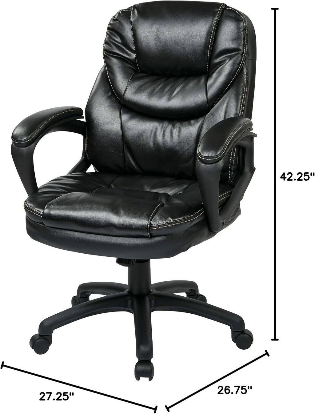 Office Star FL Series Faux Leather Manager's Adjustable Office Chair with Lumbar Support and Padded Arms, Black
