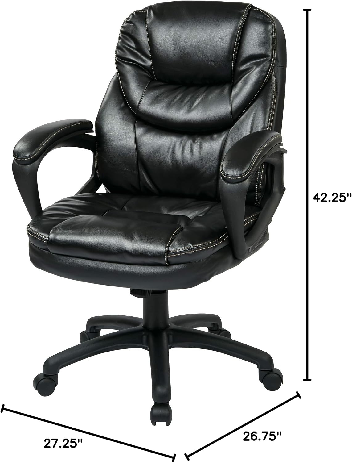 Office Star FL Series Faux Leather Manager's Adjustable Office Chair with Lumbar Support and Padded Arms, Black