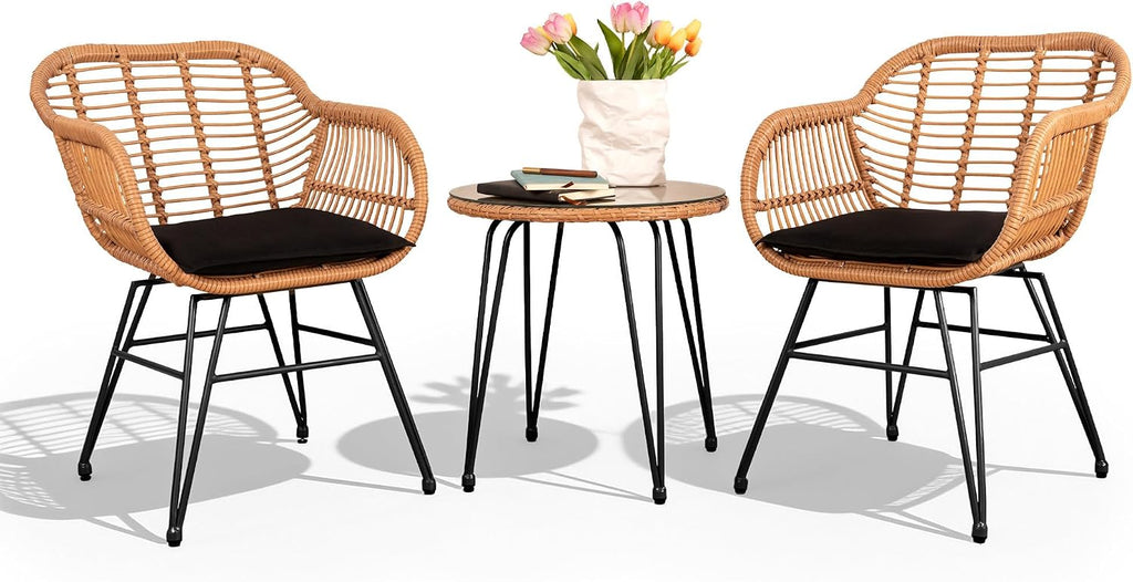 PROHIKER 3 Pieces Outdoor Wicker Bistro Patio Furniture Set, Porch Furniture Rattan Conversation Sets with Side Table and Cushions for Garden Poolside Backyard, Yellow/Black