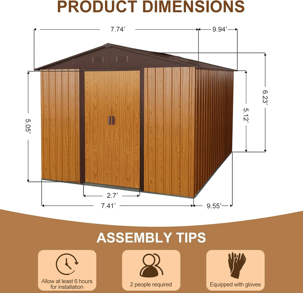 Favfurish 10x8 FT Outdoor Storage Shed, Garden Tool House with Metal Floor Base, Double Sliding Doors, Air Vents, Storage Clearance for Backyard, Patio, Garage, Lawn, Coffee