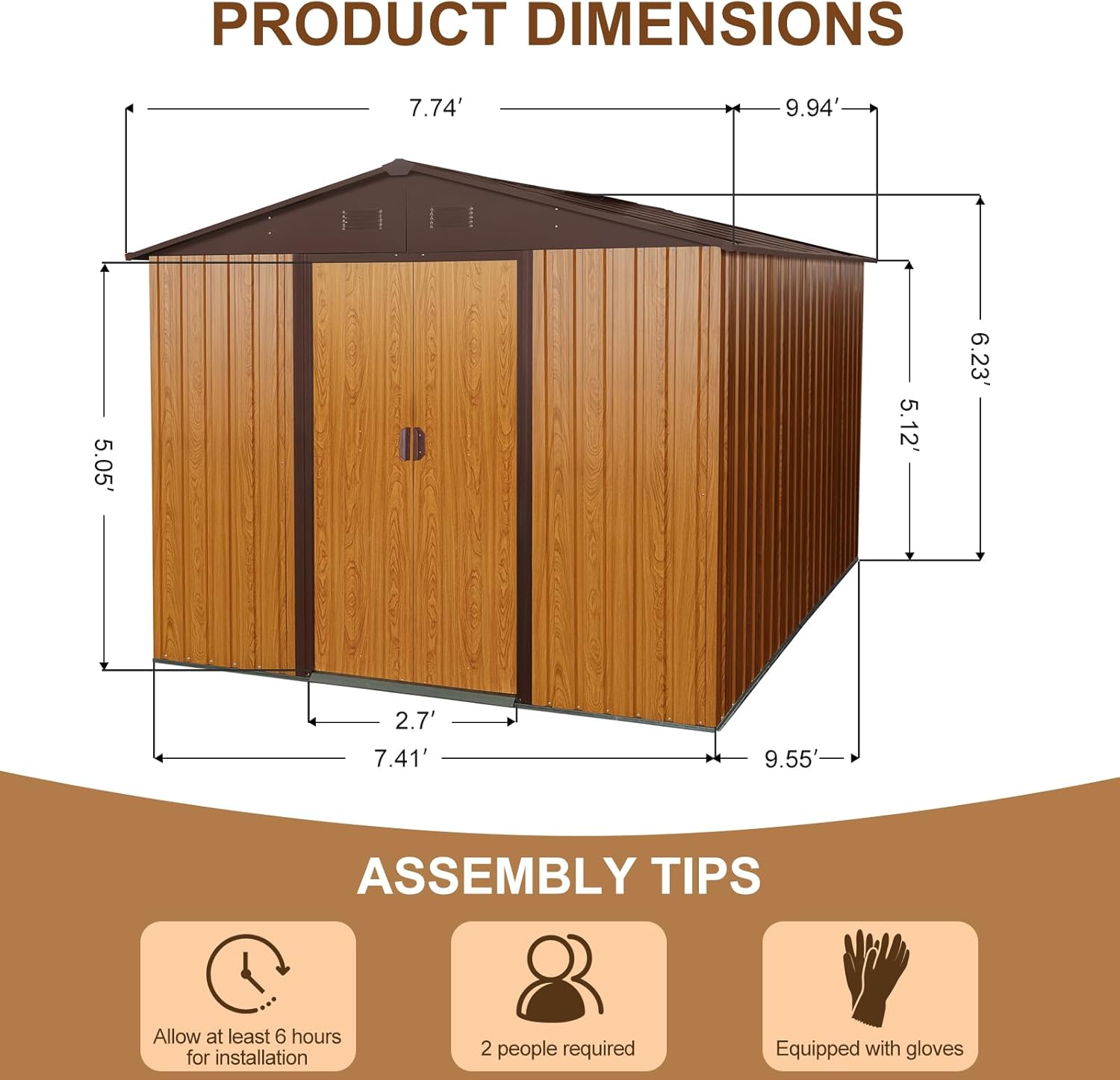 Favfurish 10x8 FT Outdoor Storage Shed, Garden Tool House with Metal Floor Base, Double Sliding Doors, Air Vents, Storage Clearance for Backyard, Patio, Garage, Lawn, Coffee