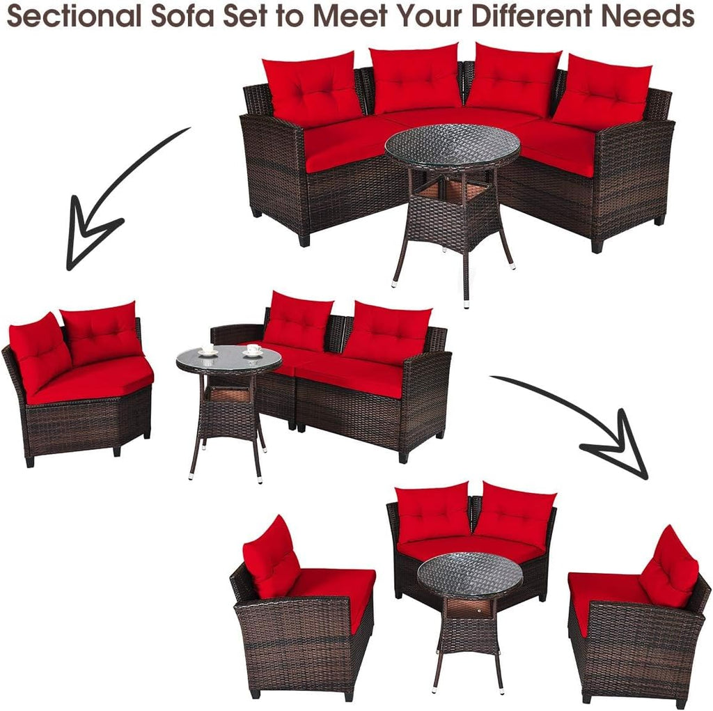 HAPPYGRILL 4 Pieces Rattan Patio Conversation Set, Outdoor Wicker Furniture Set with Cushioned Sofas and Coffee Table, L-Shape Sectional Curved Sofa Set for Garden Poolside Balcony