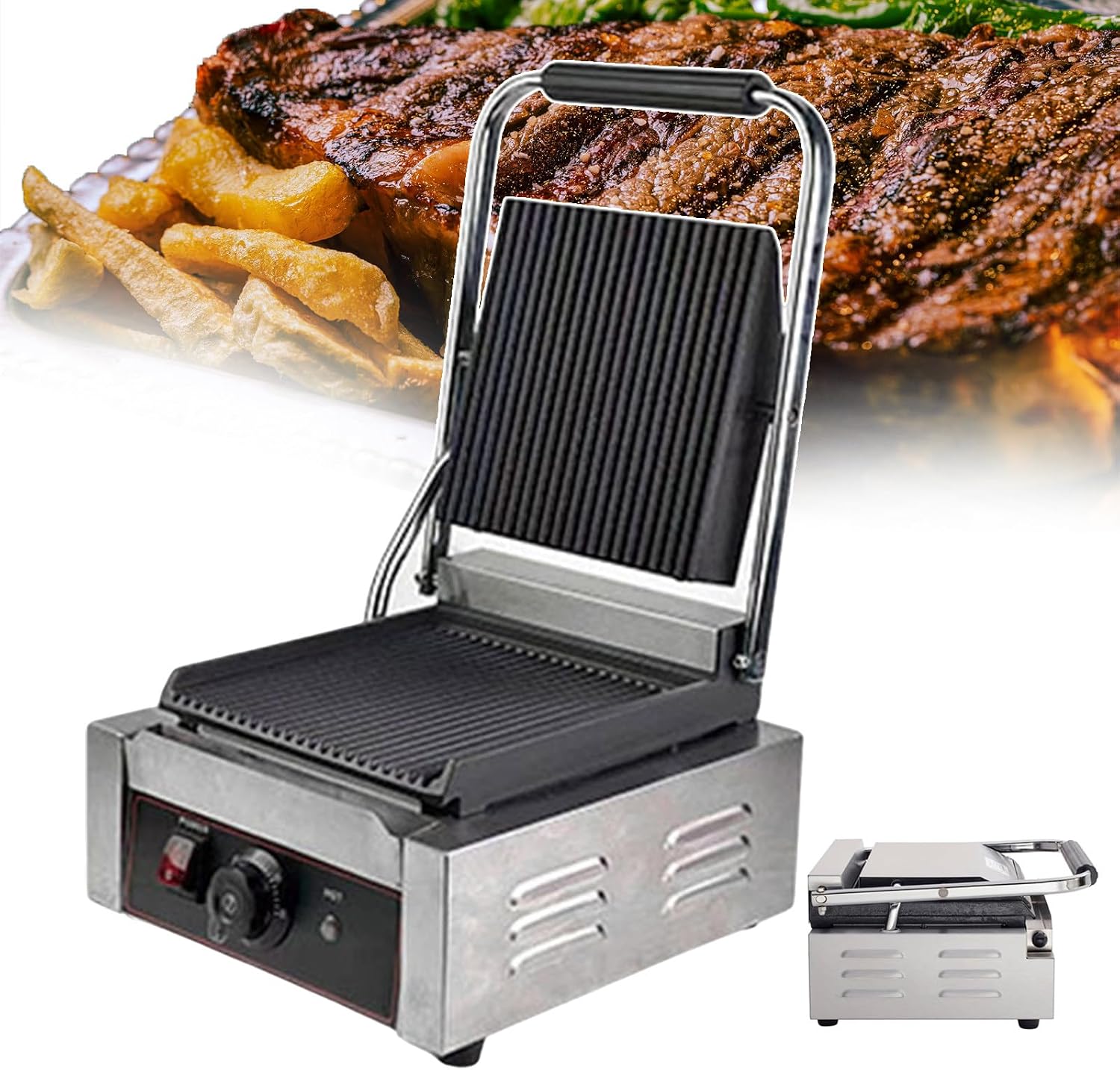 Commercial Sandwich Grill, Contact Grill Single-plate Platen Grill Countertop Sandwich Press W/Tempe Control 50-300℃,for Home Or Restaurant Use (Grooved)