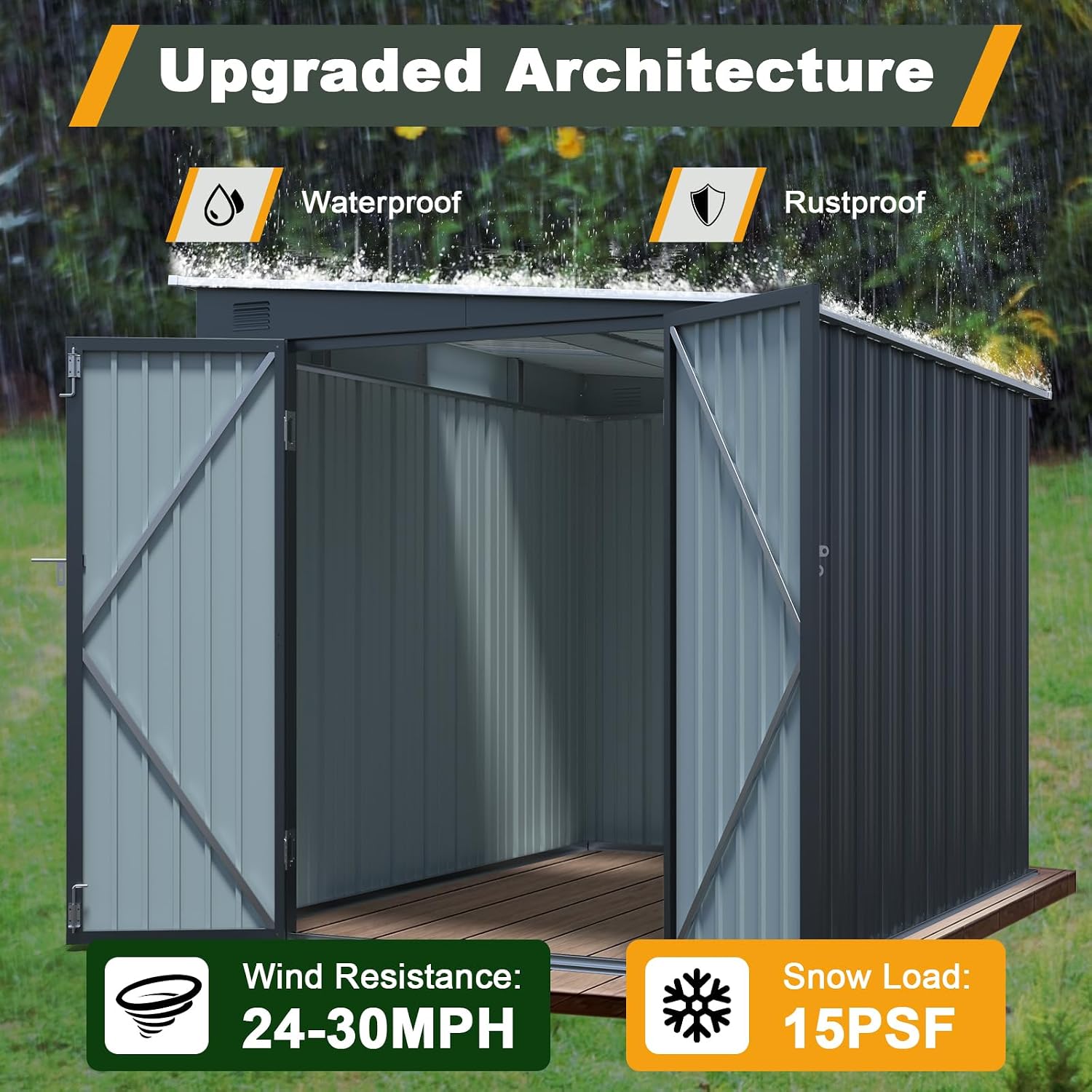 6x8 FT Lean to Shed with Skylight & Double Doors, Metal Outdoor Storage Shed with Free PC Light Board for Tools, Outside Storage Shed Waterproof for Backyard, Patio, Garden