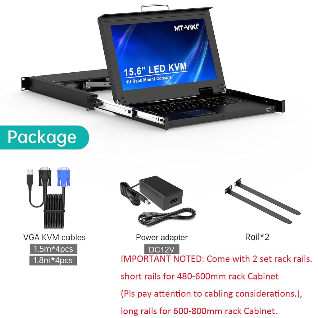 MT-VIKI Rack Mount KVM w/15.6' LCD Monitor, 8 Port VGA KVM Switch, 1080@60Hz 1U Integrated Monitor Keyboard, Fits 18.9' to 31.5' Deep Racks (480-800mm), Included 8 Cables for Server Room, Data Center