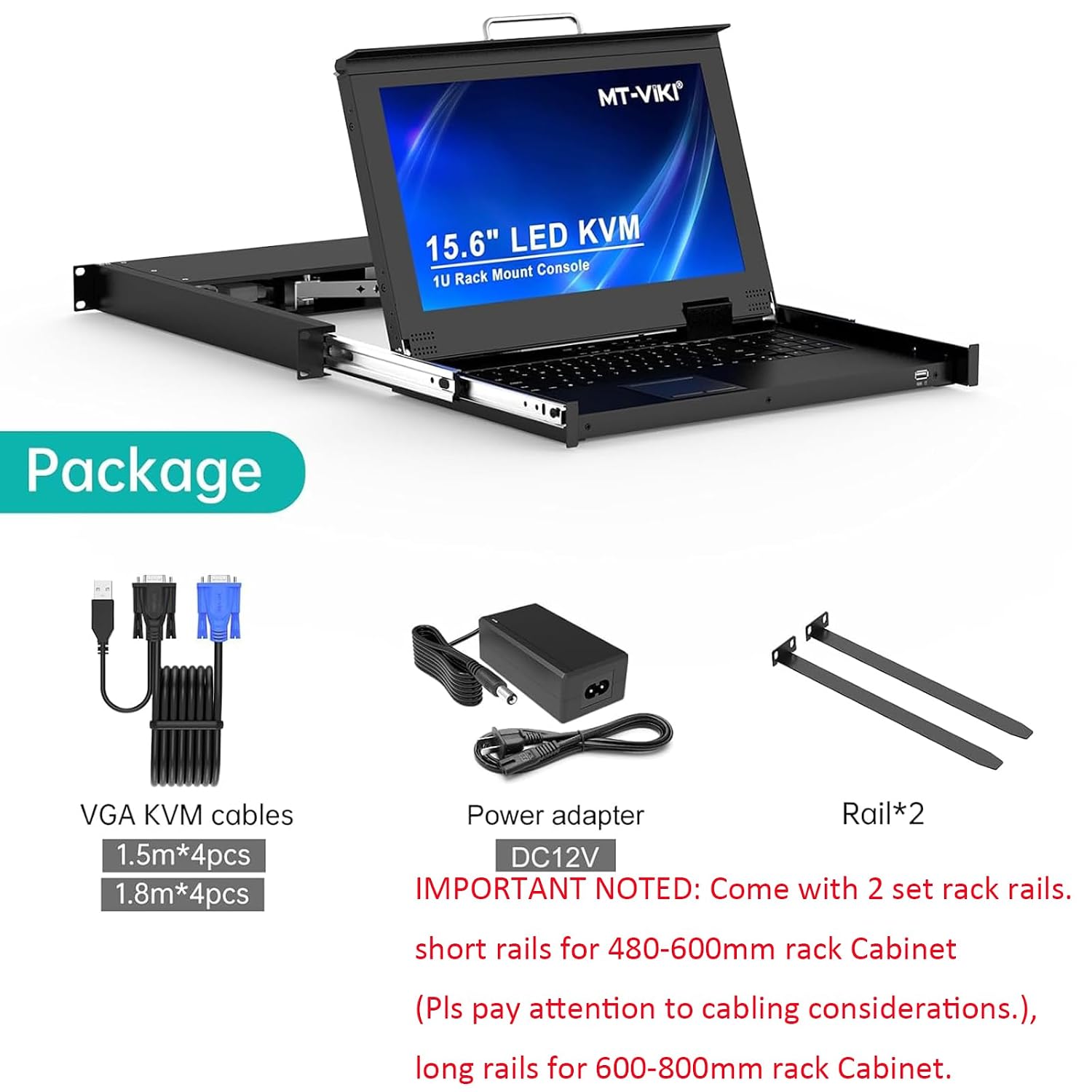 MT-VIKI Rack Mount KVM w/15.6' LCD Monitor, 8 Port VGA KVM Switch, 1080@60Hz 1U Integrated Monitor Keyboard, Fits 18.9' to 31.5' Deep Racks (480-800mm), Included 8 Cables for Server Room, Data Center