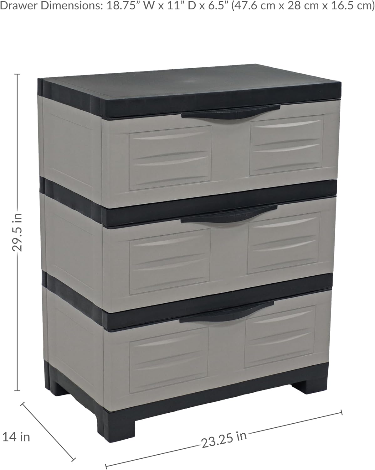 Sunnydaze 29.5' H 3-Tier Storage Cabinet with Drawers - Resin Storage Drawers Organizer - for Garage, Office, Home, Laundry Room - Gray w/Charcoal Trim