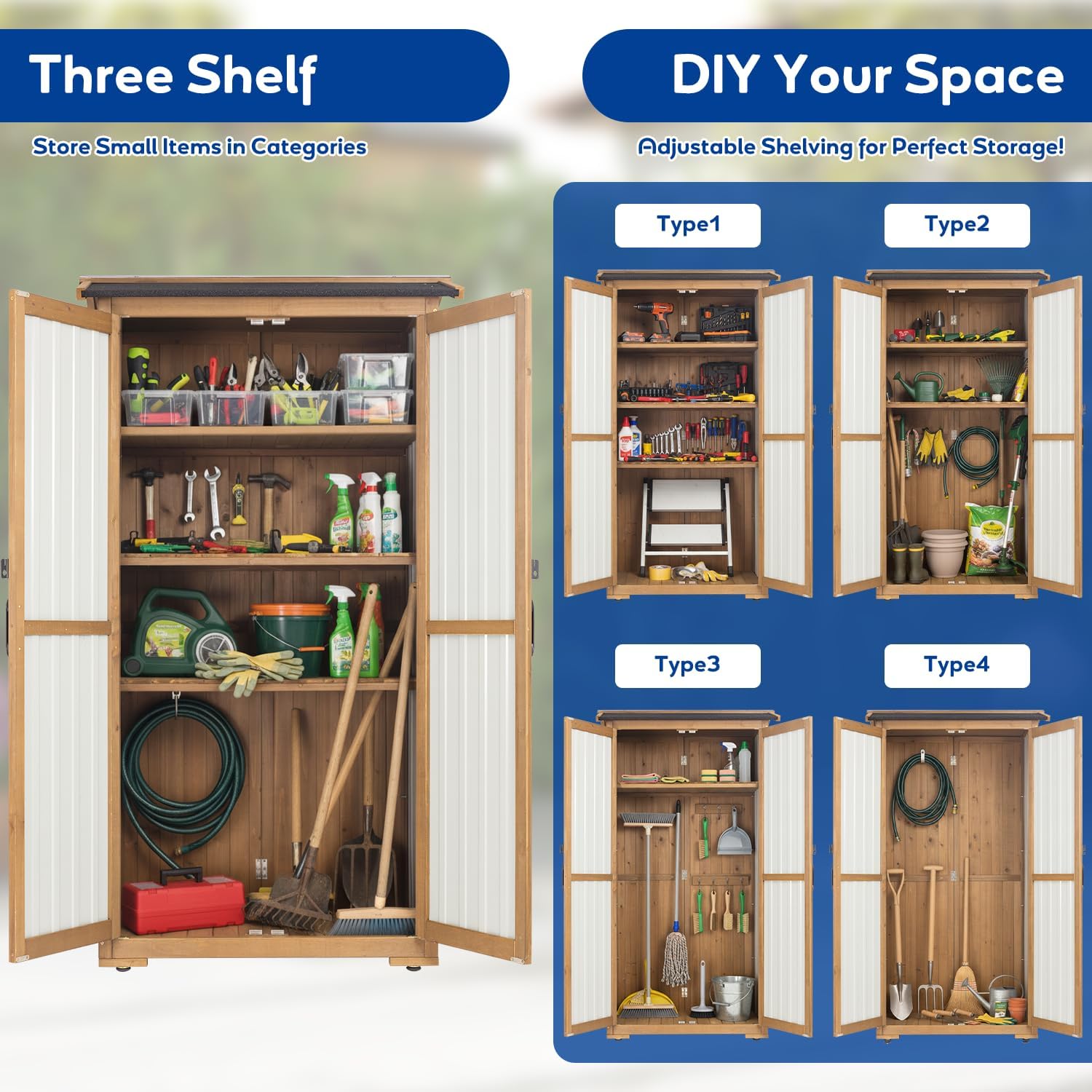 Storage Cabinet Outdoor Garage Cabinets with 3 Adjustable Shelves, Lockable Door, Wood & Metal Weather-Resistant Pantry Cabinet for Patio Garden Home Farm (33.3' Lx 21' Wx 69' H)