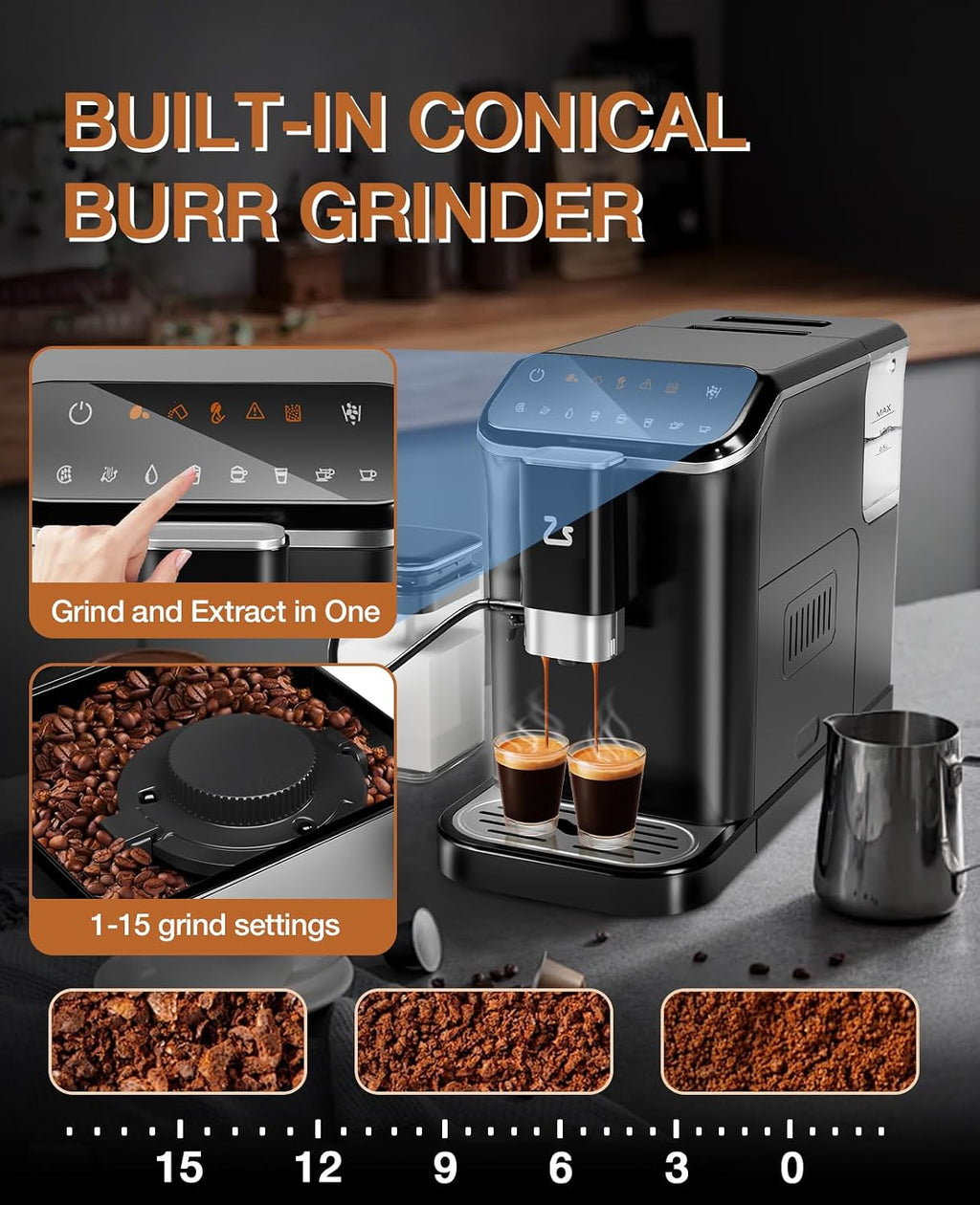 Automatic Espresso Machine with 20 Bar Pressure – One-Touch Coffee Maker, Built-in Grinder & Milk Frother, 6 Custom Recipes, 1.5L Water Tank, Auto Self-Cleaning, 120V for Home & Office (Black&Silver)